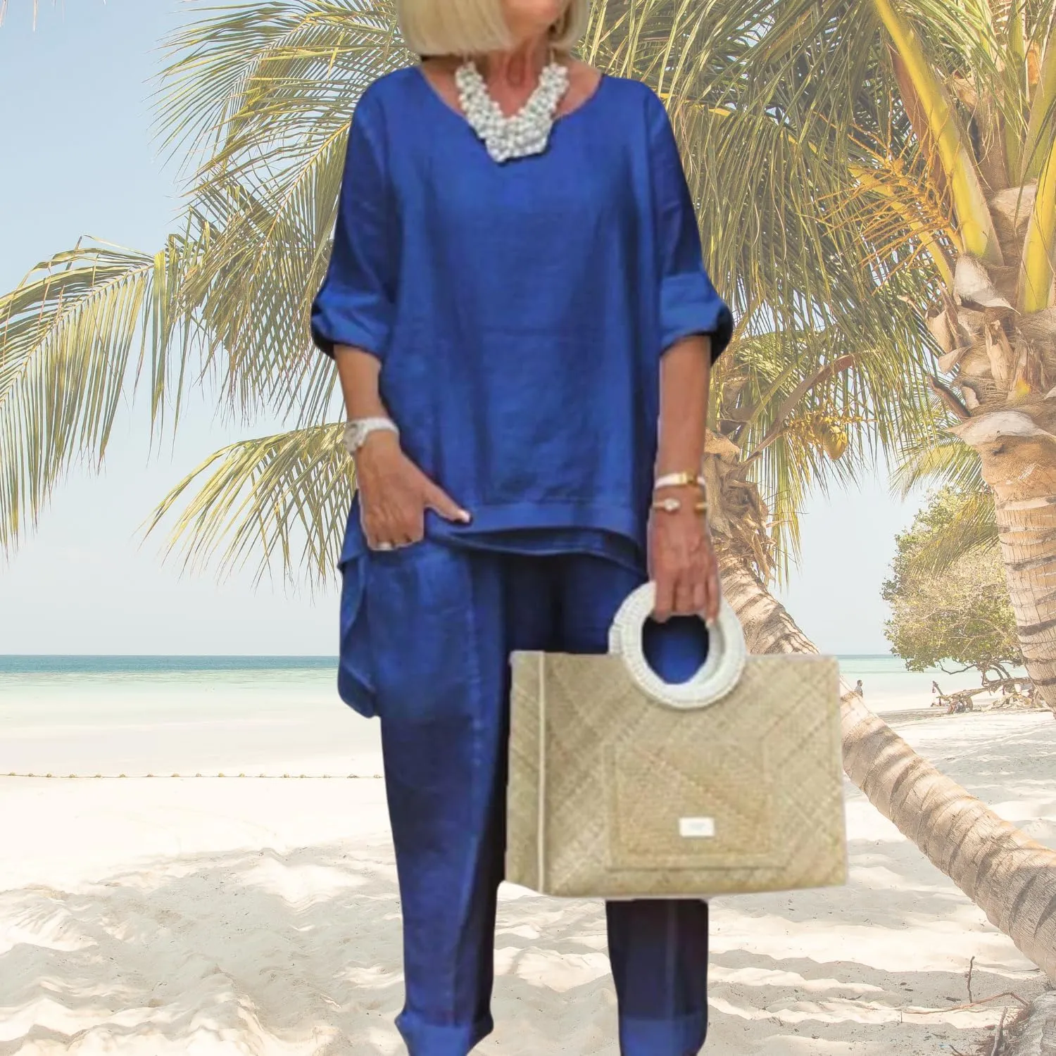 Women Linen Two Piece Pants Suit Dressy Long Sleeve Plus Size Linen Irregular Two Piece Set