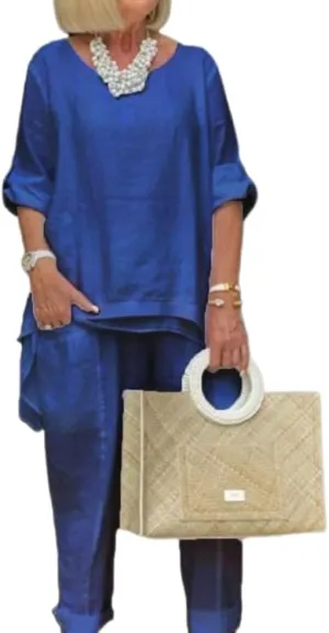 Women Linen Two Piece Pants Suit Dressy Long Sleeve Plus Size Linen Irregular Two Piece Set