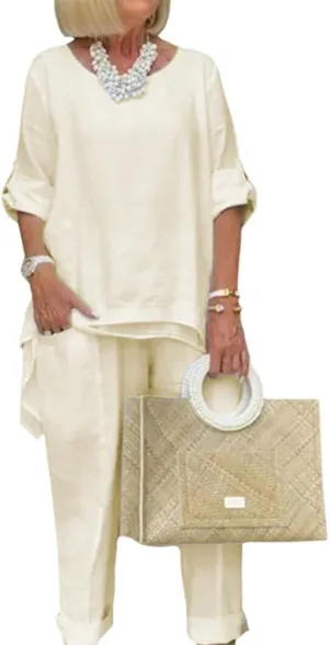 Women Linen Two Piece Pants Suit Dressy Long Sleeve Plus Size Linen Irregular Two Piece Set