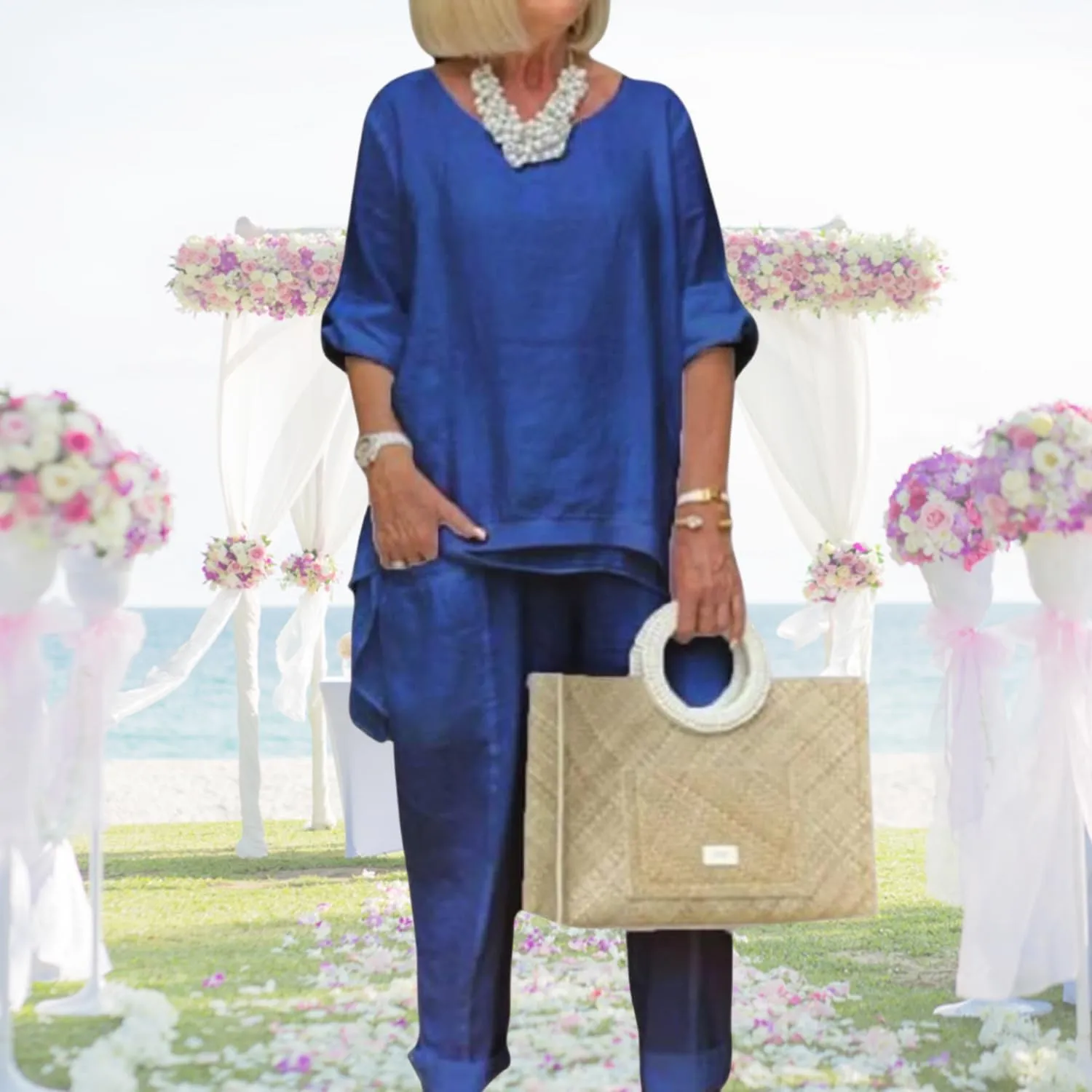 Women Linen Two Piece Pants Suit Dressy Long Sleeve Plus Size Linen Irregular Two Piece Set