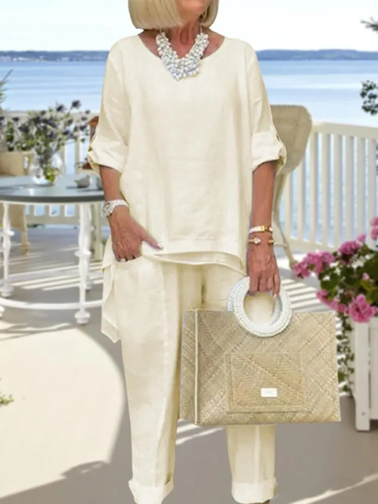 Women Linen Two Piece Pants Suit Dressy Long Sleeve Plus Size Linen Irregular Two Piece Set