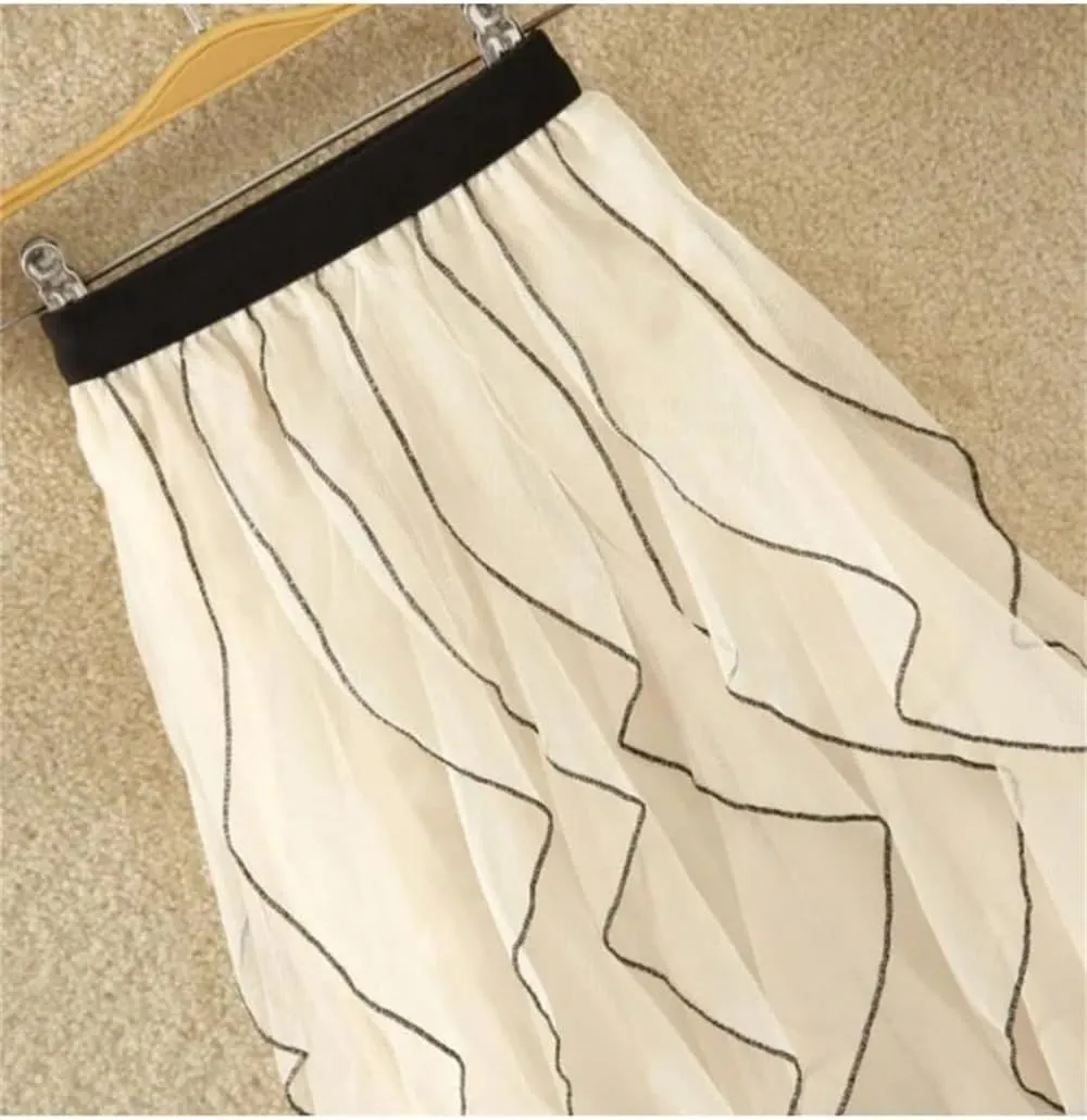 Women Long Skirts Women Summer Elastic High Waist Mesh Skirts Female Winter Ruffles Midi Long Pleated Skirt