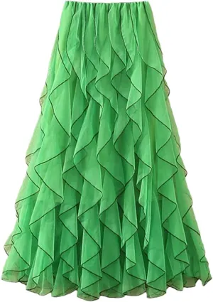 Women Long Skirts Women Summer Elastic High Waist Mesh Skirts Female Winter Ruffles Midi Long Pleated Skirt