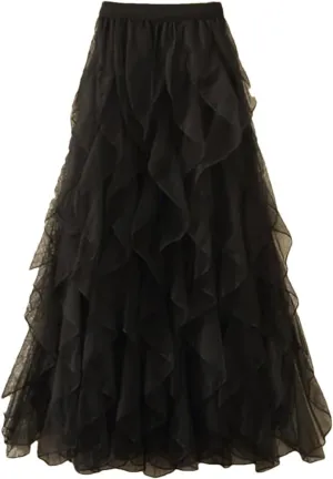 Women Long Skirts Women Summer Elastic High Waist Mesh Skirts Female Winter Ruffles Midi Long Pleated Skirt