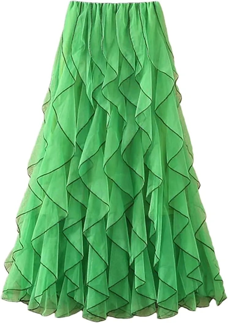 Women Long Skirts Women Summer Elastic High Waist Mesh Skirts Female Winter Ruffles Midi Long Pleated Skirt