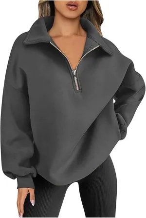 Women Oversized Half Zip Sweatshirt Drop Shoulder Long Sleeves Collar Quarter 1/4 Zipper Pullover Fashion Fall Tops