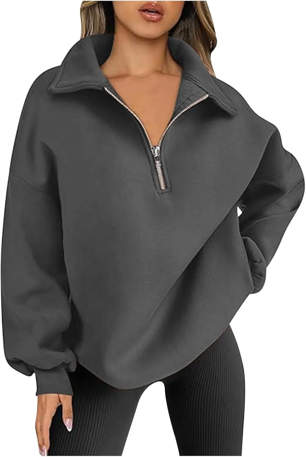 Women Oversized Half Zip Sweatshirt Drop Shoulder Long Sleeves Collar Quarter 1/4 Zipper Pullover Fashion Fall Tops