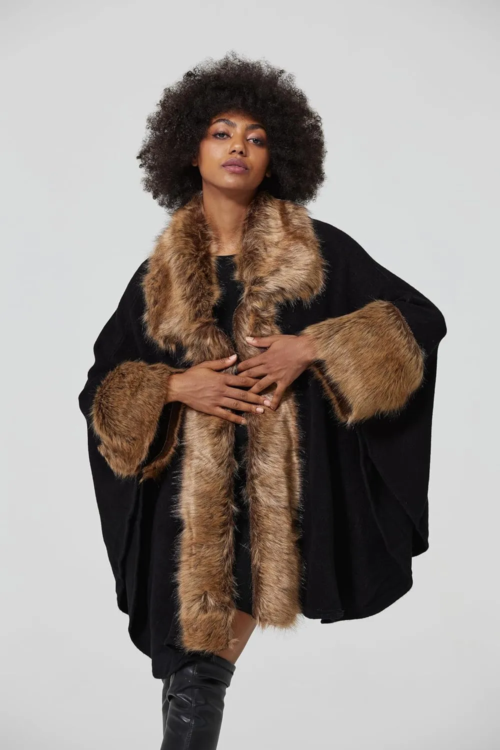 Women Poncho Cape Shawl Wrap Open Front Winter Faux Fur Trim Coat With Hooks Cardigan Dressy Cloak Tops
