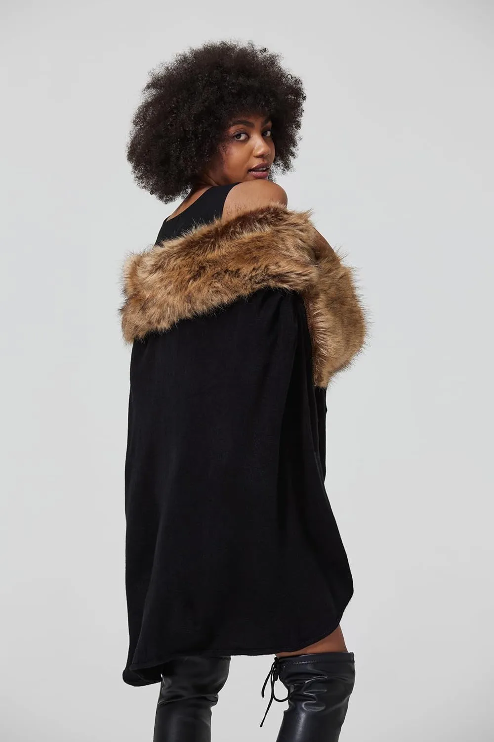 Women Poncho Cape Shawl Wrap Open Front Winter Faux Fur Trim Coat With Hooks Cardigan Dressy Cloak Tops