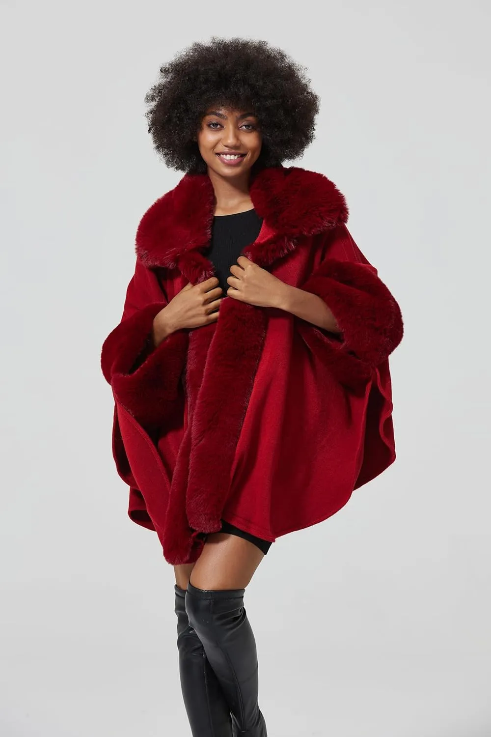 Women Poncho Cape Shawl Wrap Open Front Winter Faux Fur Trim Coat With Hooks Cardigan Dressy Cloak Tops