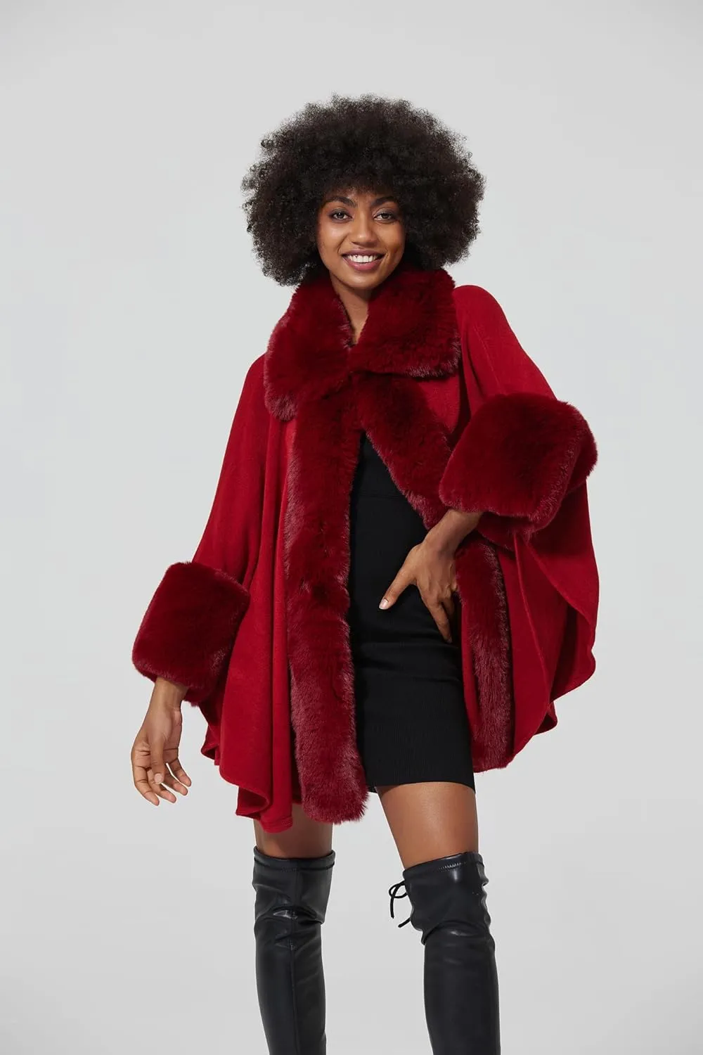 Women Poncho Cape Shawl Wrap Open Front Winter Faux Fur Trim Coat With Hooks Cardigan Dressy Cloak Tops