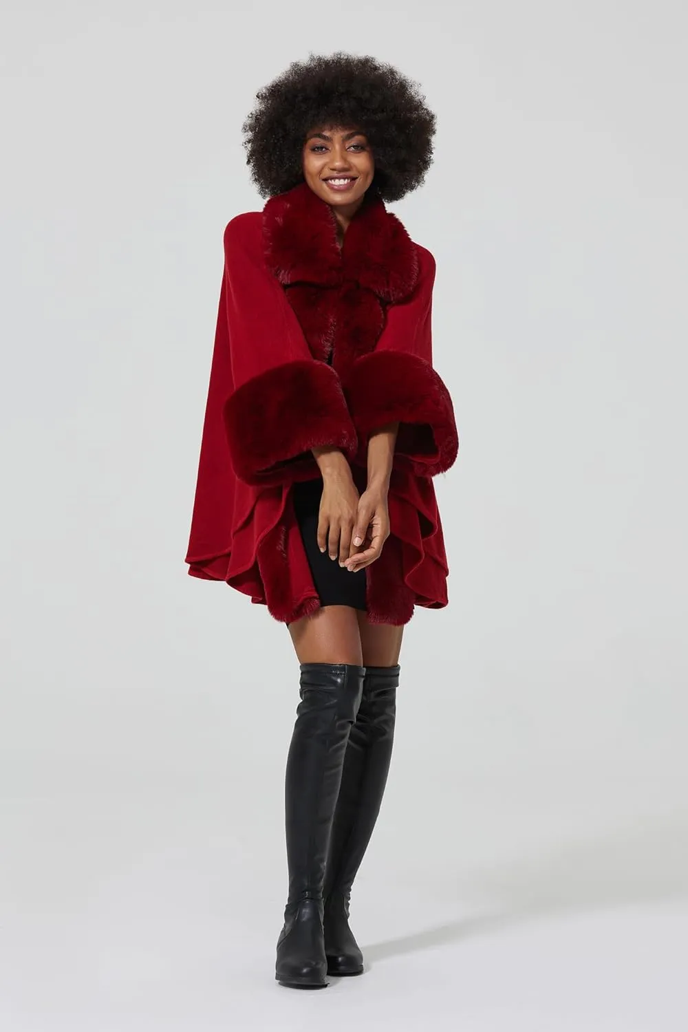 Women Poncho Cape Shawl Wrap Open Front Winter Faux Fur Trim Coat With Hooks Cardigan Dressy Cloak Tops