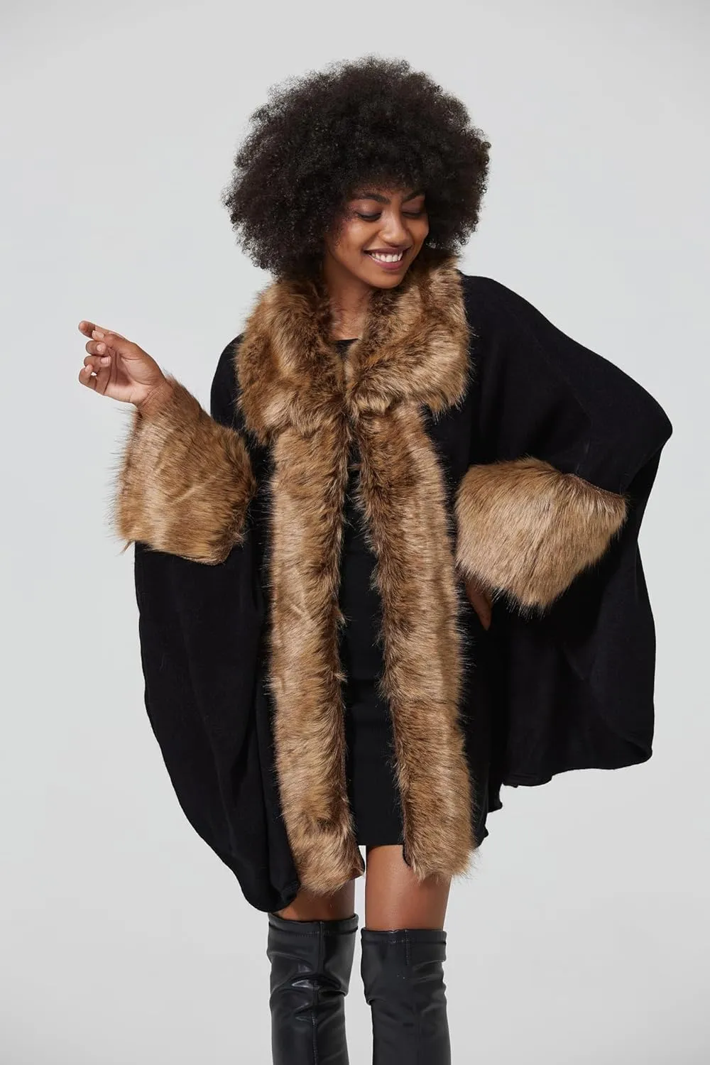 Women Poncho Cape Shawl Wrap Open Front Winter Faux Fur Trim Coat With Hooks Cardigan Dressy Cloak Tops