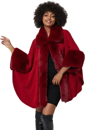 Women Poncho Cape Shawl Wrap Open Front Winter Faux Fur Trim Coat With Hooks Cardigan Dressy Cloak Tops