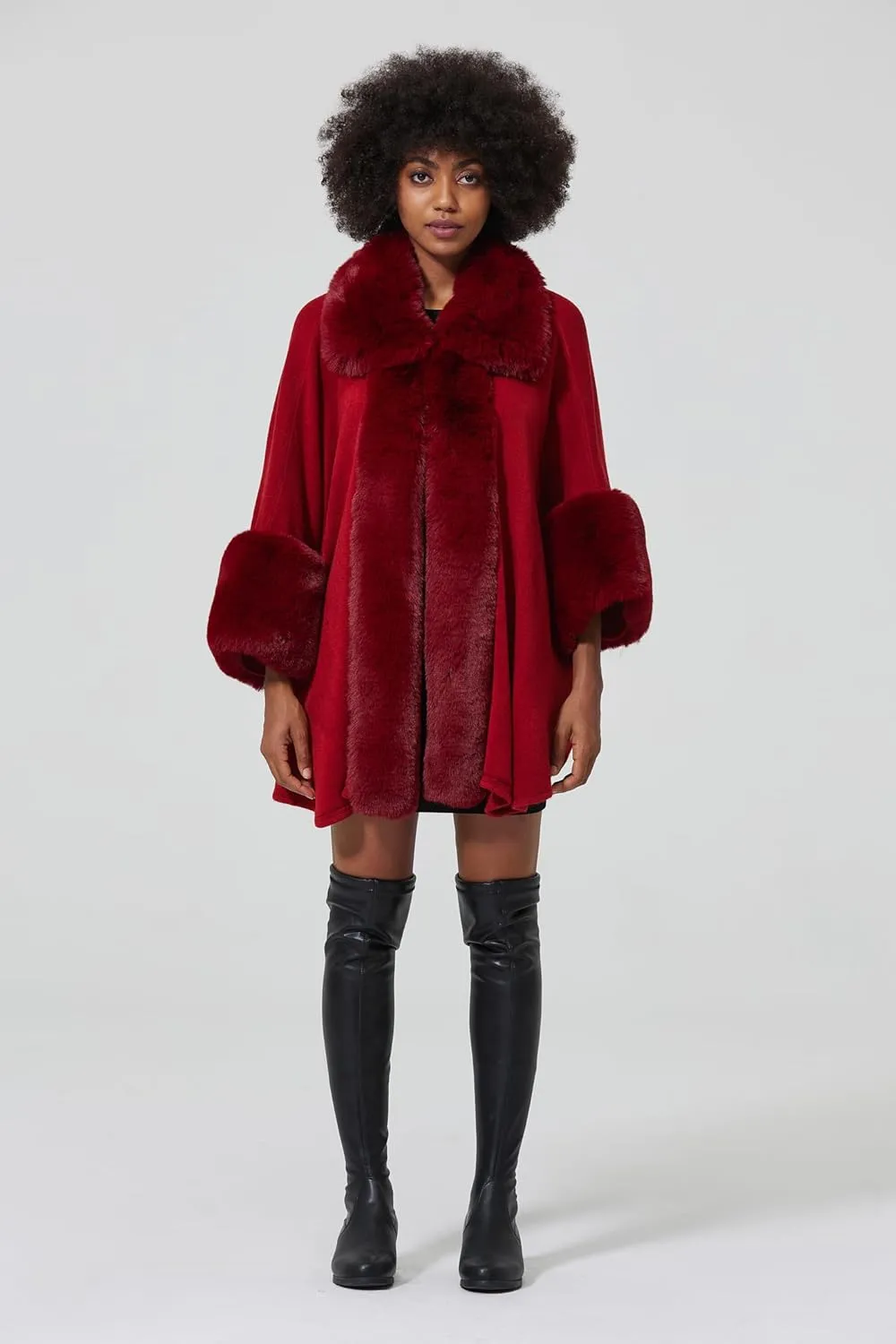 Women Poncho Cape Shawl Wrap Open Front Winter Faux Fur Trim Coat With Hooks Cardigan Dressy Cloak Tops