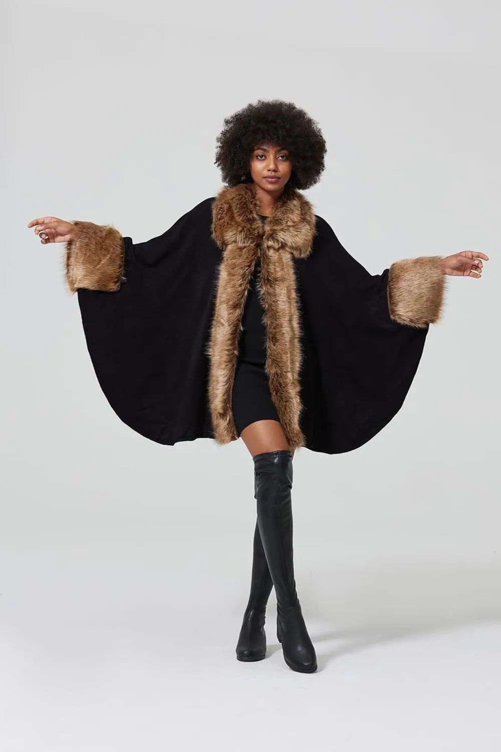 Women Poncho Cape Shawl Wrap Open Front Winter Faux Fur Trim Coat With Hooks Cardigan Dressy Cloak Tops