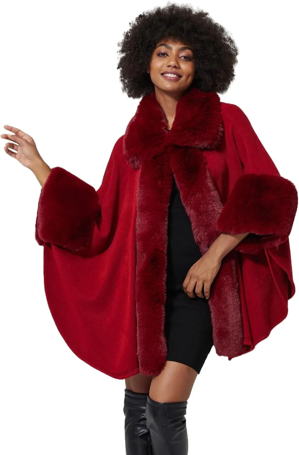 Women Poncho Cape Shawl Wrap Open Front Winter Faux Fur Trim Coat With Hooks Cardigan Dressy Cloak Tops