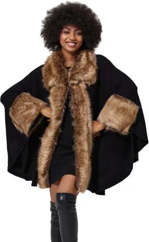 Women Poncho Cape Shawl Wrap Open Front Winter Faux Fur Trim Coat With Hooks Cardigan Dressy Cloak Tops
