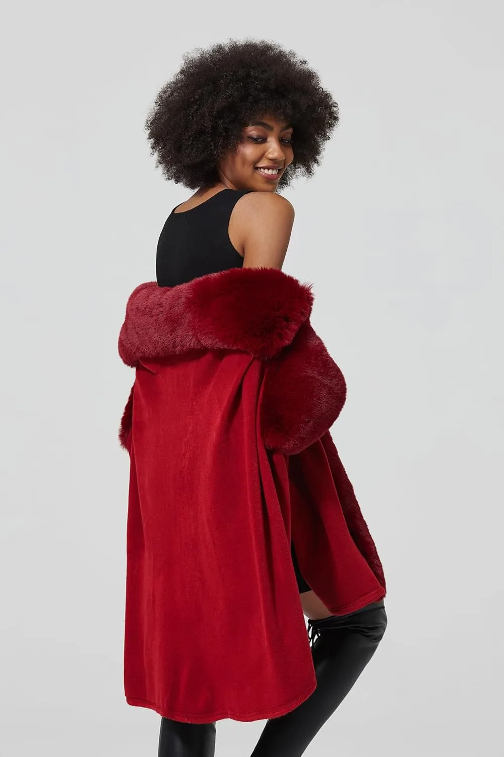 Women Poncho Cape Shawl Wrap Open Front Winter Faux Fur Trim Coat With Hooks Cardigan Dressy Cloak Tops