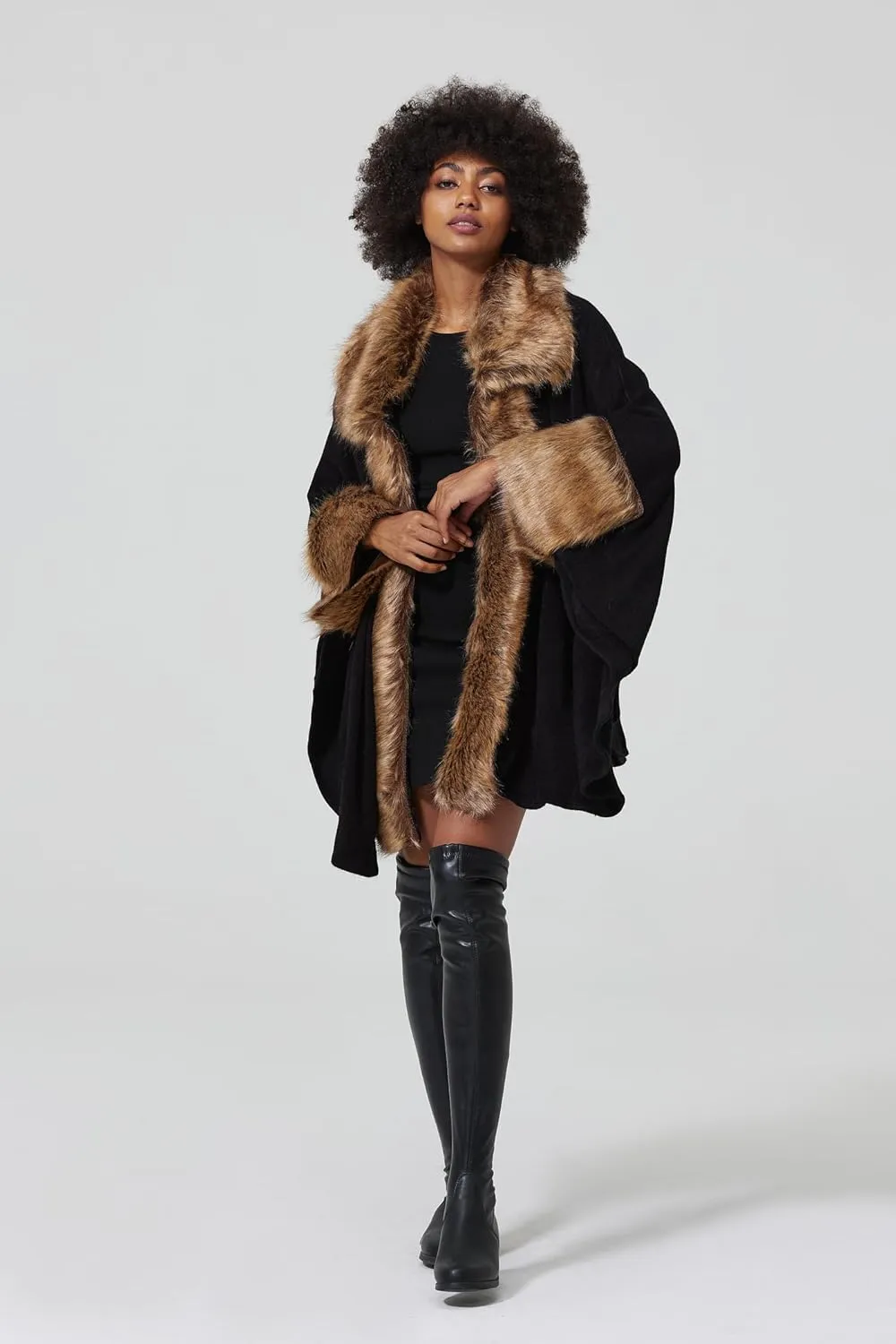 Women Poncho Cape Shawl Wrap Open Front Winter Faux Fur Trim Coat With Hooks Cardigan Dressy Cloak Tops