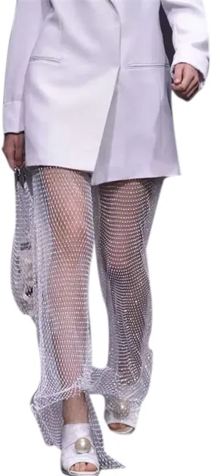 Women Sexy Crystal Rhinestone Mesh Pants Hollow Out Fishnet Leggings Rave Party Festival Club Trousers Beach Cover Up
