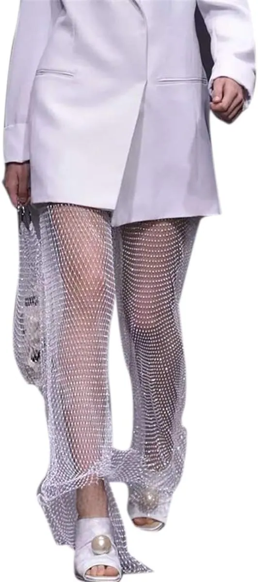 Women Sexy Crystal Rhinestone Mesh Pants Hollow Out Fishnet Leggings Rave Party Festival Club Trousers Beach Cover Up