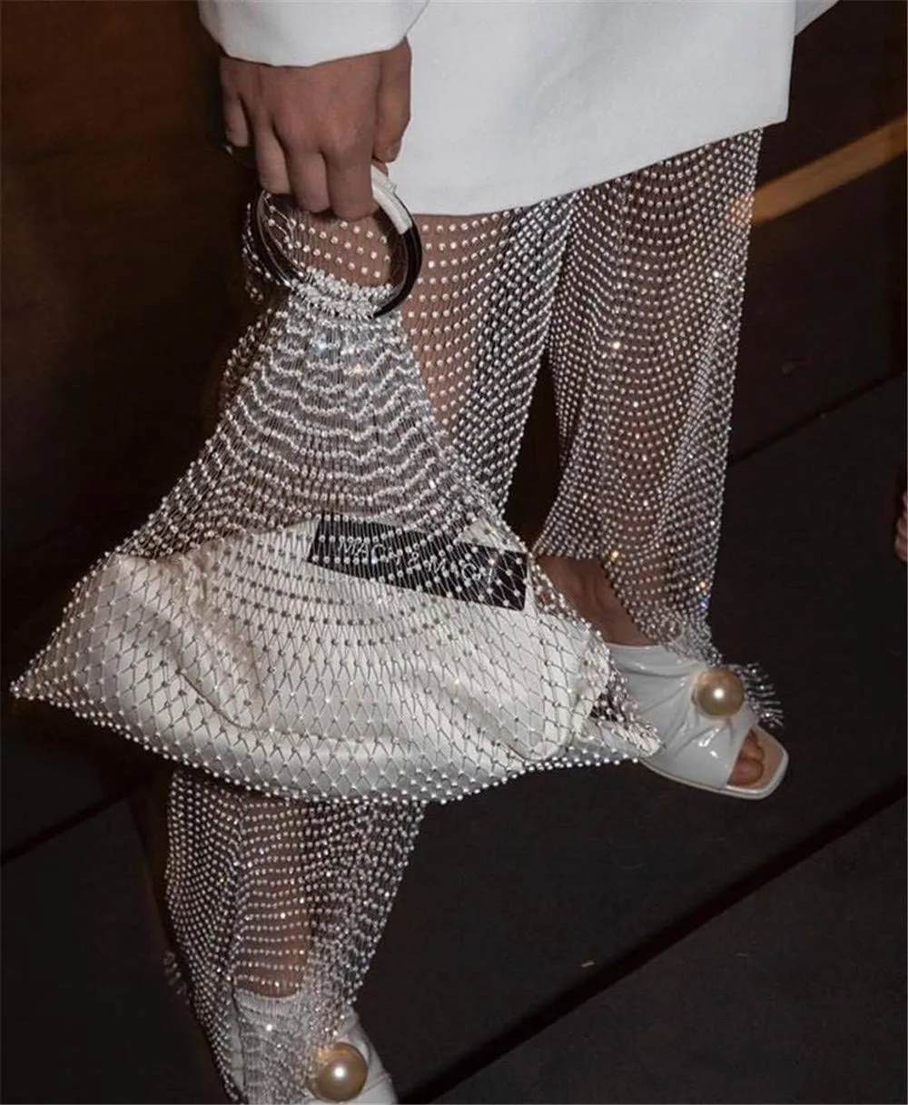 Women Sexy Crystal Rhinestone Mesh Pants Hollow Out Fishnet Leggings Rave Party Festival Club Trousers Beach Cover Up