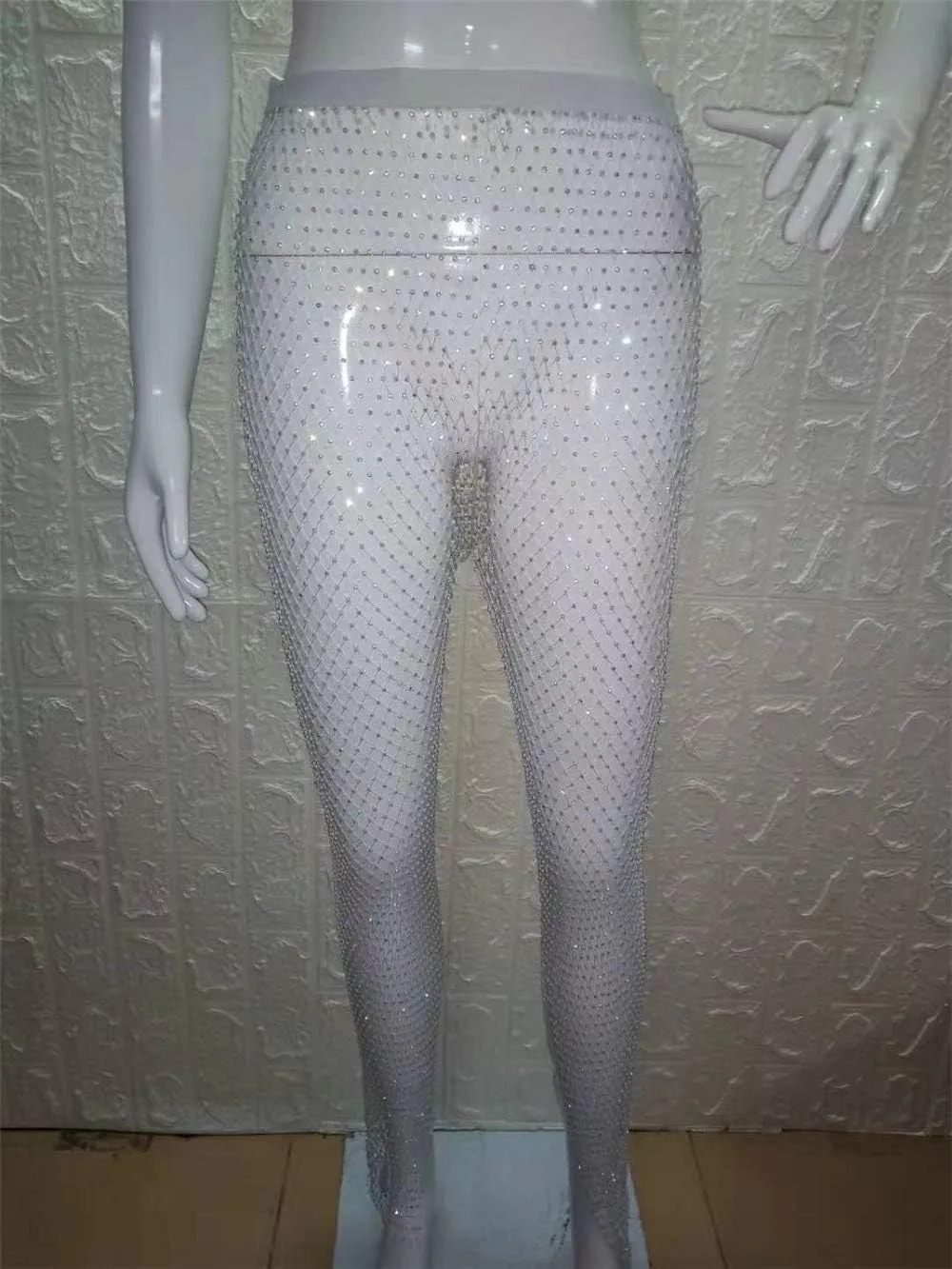 Women Sexy Crystal Rhinestone Mesh Pants Hollow Out Fishnet Leggings Rave Party Festival Club Trousers Beach Cover Up