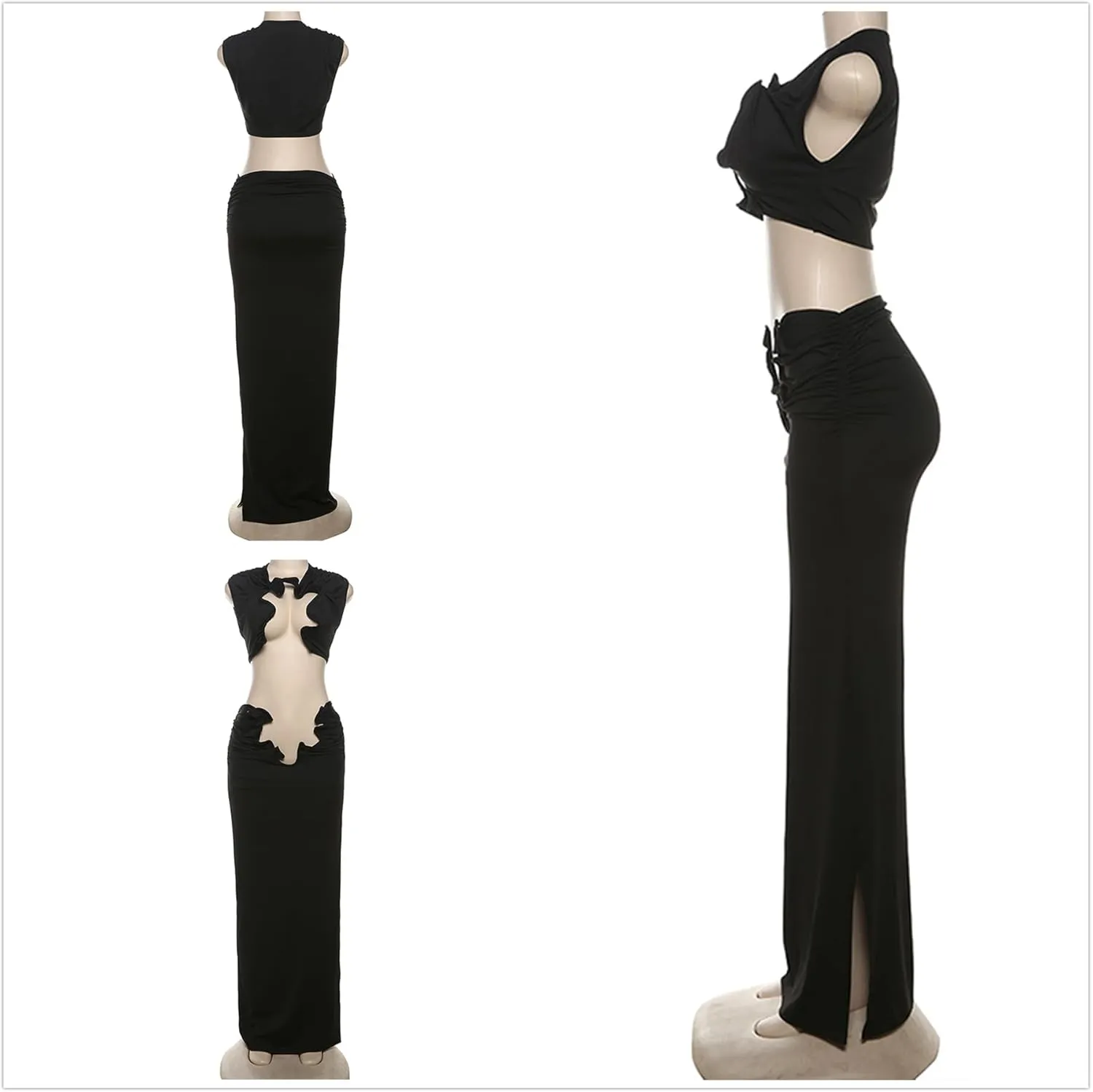 Women Sexy Two Piece Summer Outfit Creative Hollow Out Sleeveless Mock Neck Crop Tops and Long Skirt Set