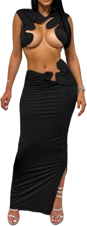 Women Sexy Two Piece Summer Outfit Creative Hollow Out Sleeveless Mock Neck Crop Tops and Long Skirt Set