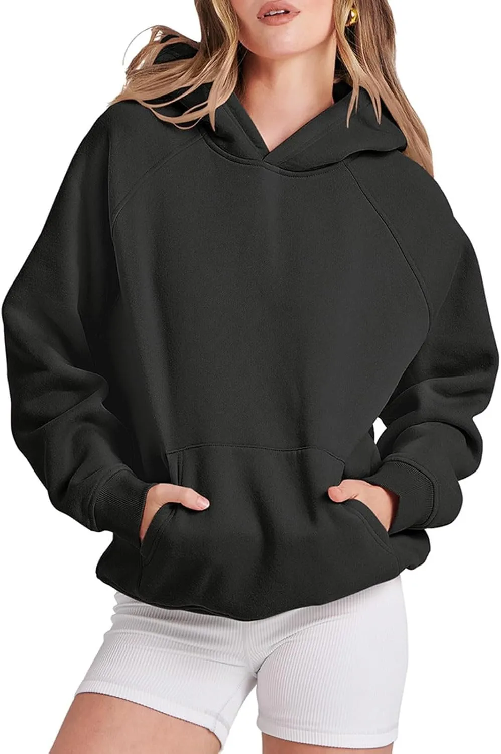 Women Solid Basic Loose Hoodie Fleece Long Sleeve Pocket Drop Shoulder Pullovers Oversized Hooded Sweatshirts Top