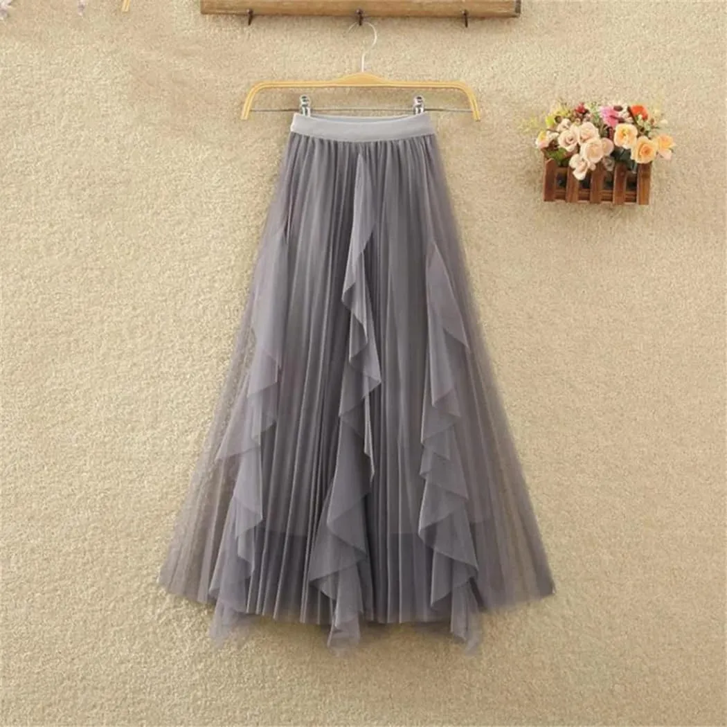 Women Spring Summer Elastic High Waist A-Line Skirt Female Midi Long Mesh Party Skirts