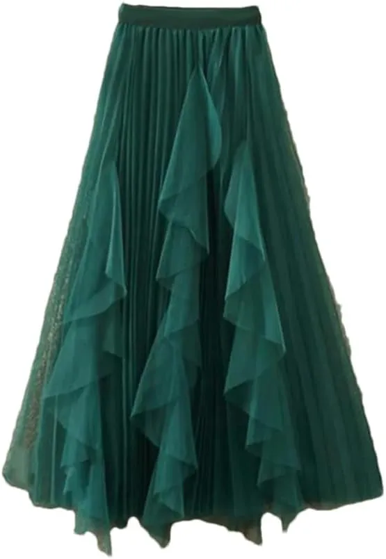 Women Spring Summer Elastic High Waist A-Line Skirt Female Midi Long Mesh Party Skirts