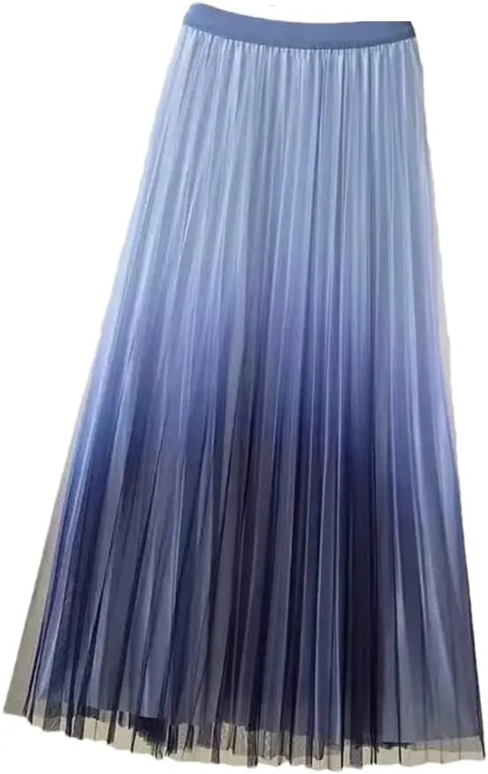 Women Spring Summer Gradient Pleated Mesh Skirts Elastic High Waist Casual A-Line Party Midi Long Skirt