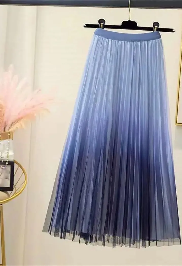 Women Spring Summer Gradient Pleated Mesh Skirts Elastic High Waist Casual A-Line Party Midi Long Skirt