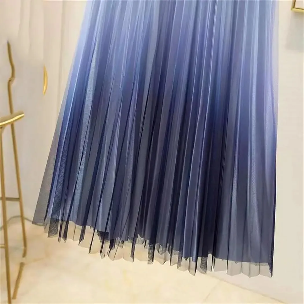 Women Spring Summer Gradient Pleated Mesh Skirts Elastic High Waist Casual A-Line Party Midi Long Skirt