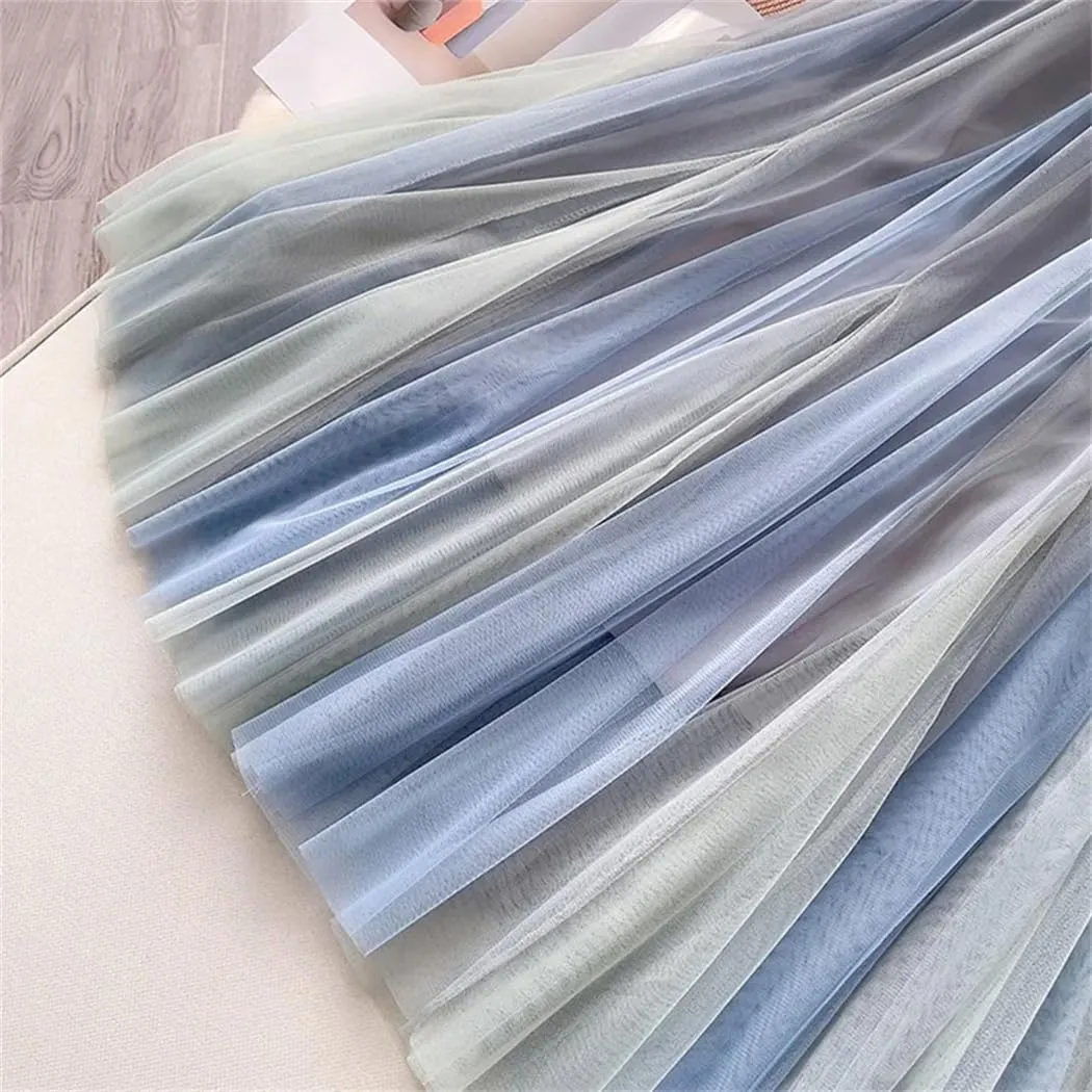 Women Spring Summer Patchwork Tulle Midi Long Pleated Skirt Korean High Waist Skirt