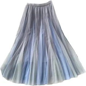 Women Spring Summer Patchwork Tulle Midi Long Pleated Skirt Korean High Waist Skirt