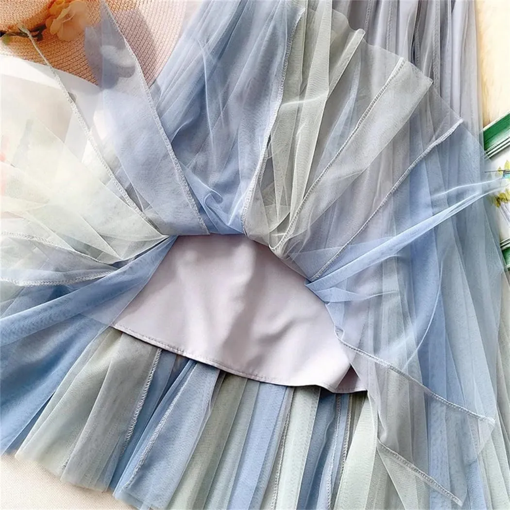 Women Spring Summer Patchwork Tulle Midi Long Pleated Skirt Korean High Waist Skirt