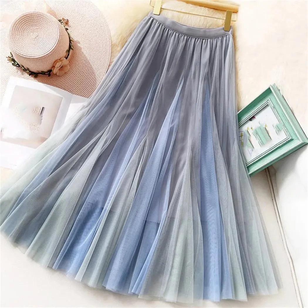 Women Spring Summer Patchwork Tulle Midi Long Pleated Skirt Korean High Waist Skirt