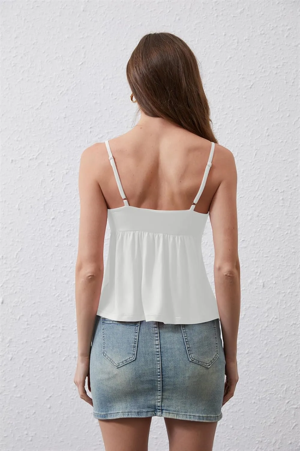 Women Square Neck Ruched Peplum Crop Cami Top Adjustable Spaghetti Strap Ruffled Hem Solid Sexy Cropped Tank Tops