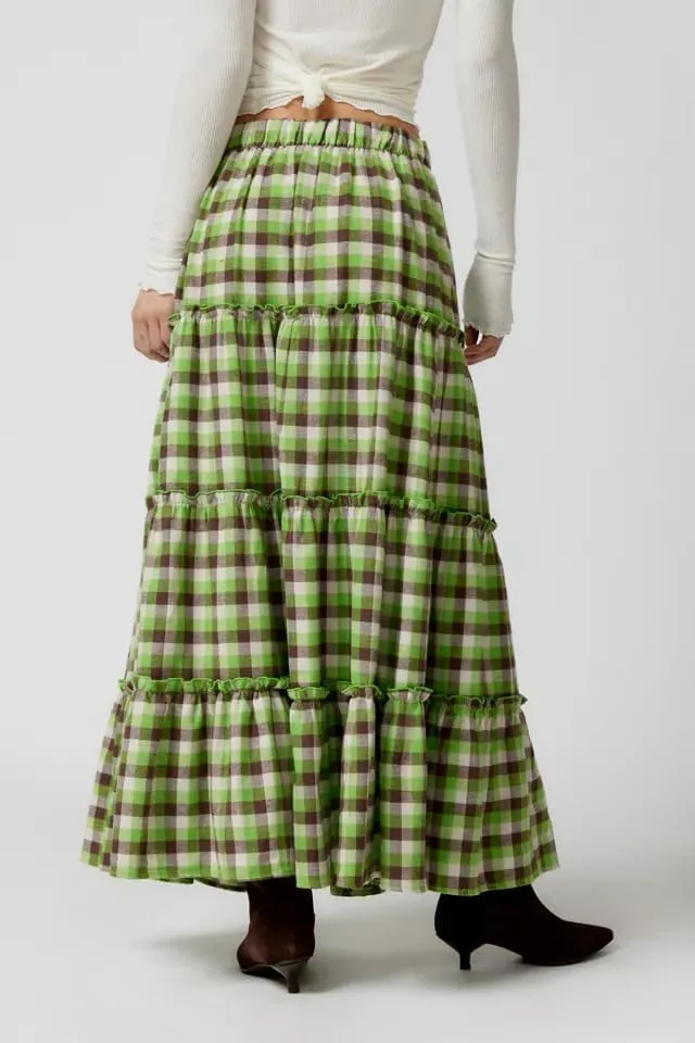 Women Summer Boho Plaid Maxi Skirt Elastic Waist Flowy A-Line Tiered Long Beach Skirt Y2k Bohemian Gingham Skirt