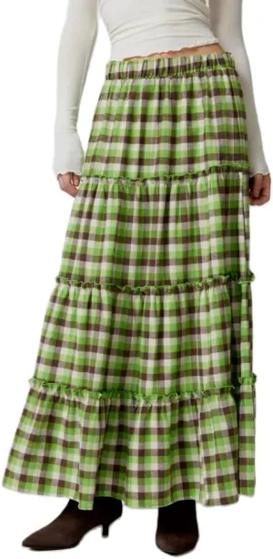 Women Summer Boho Plaid Maxi Skirt Elastic Waist Flowy A-Line Tiered Long Beach Skirt Y2k Bohemian Gingham Skirt
