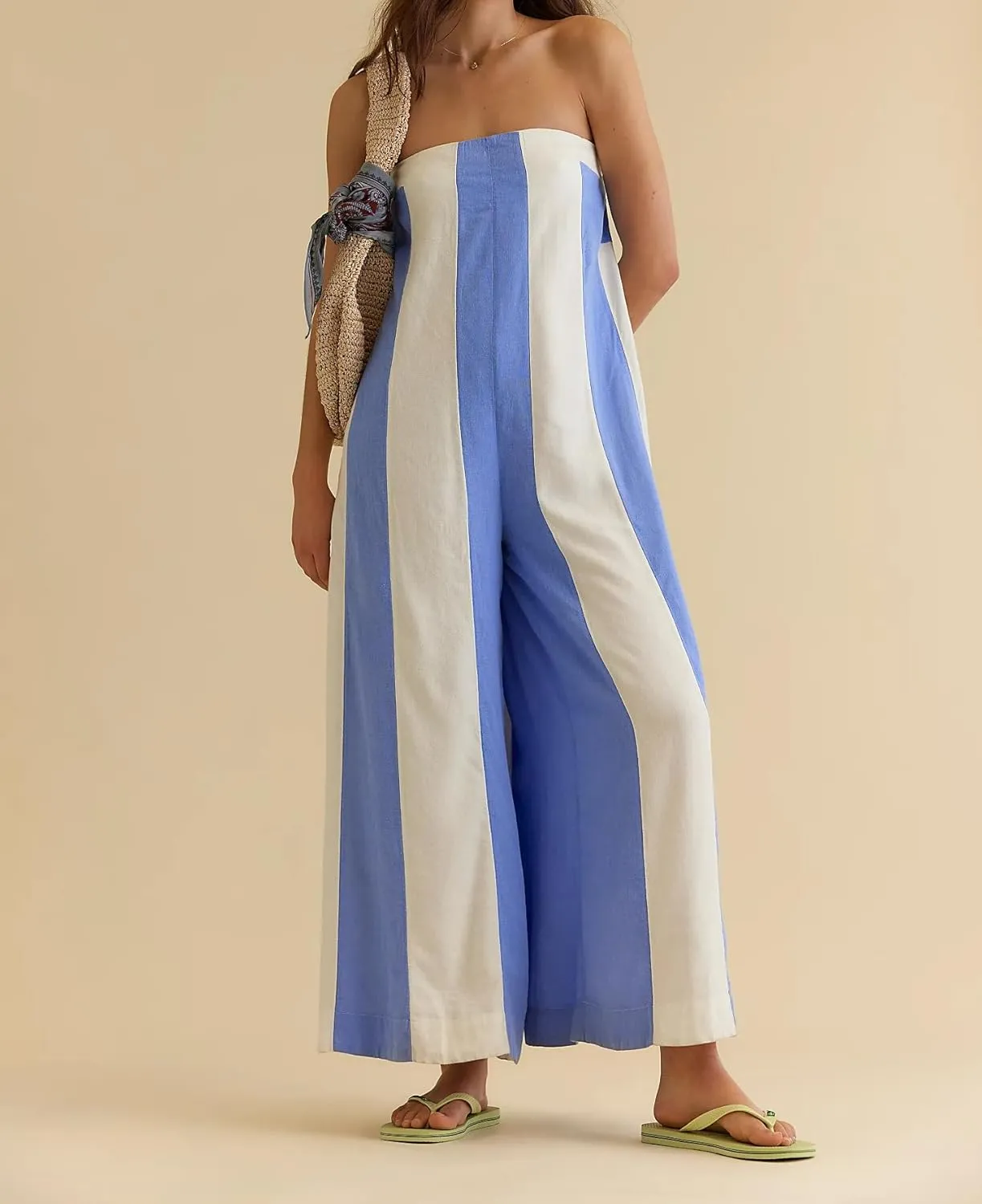 Women Summer Casual Loose Strapless Boho Color Block Wide Legs Jumpsuit Boho Striped Long Rompers One Piece Outfits