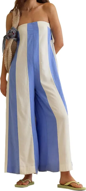 Women Summer Casual Loose Strapless Boho Color Block Wide Legs Jumpsuit Boho Striped Long Rompers One Piece Outfits