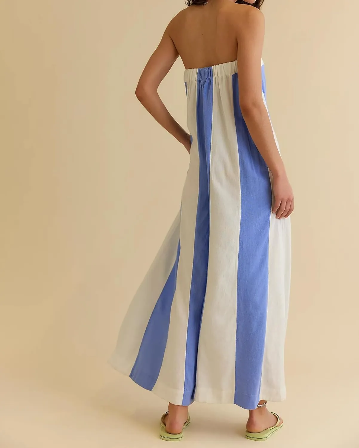 Women Summer Casual Loose Strapless Boho Color Block Wide Legs Jumpsuit Boho Striped Long Rompers One Piece Outfits