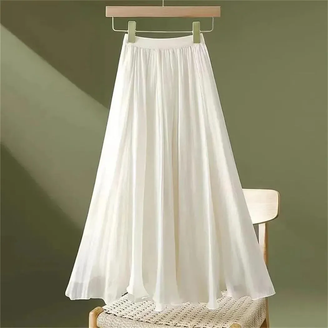Women Summer Chiffon Midi Skirt Double Layer A-Line Skirt High Waist Ruffles Skirts