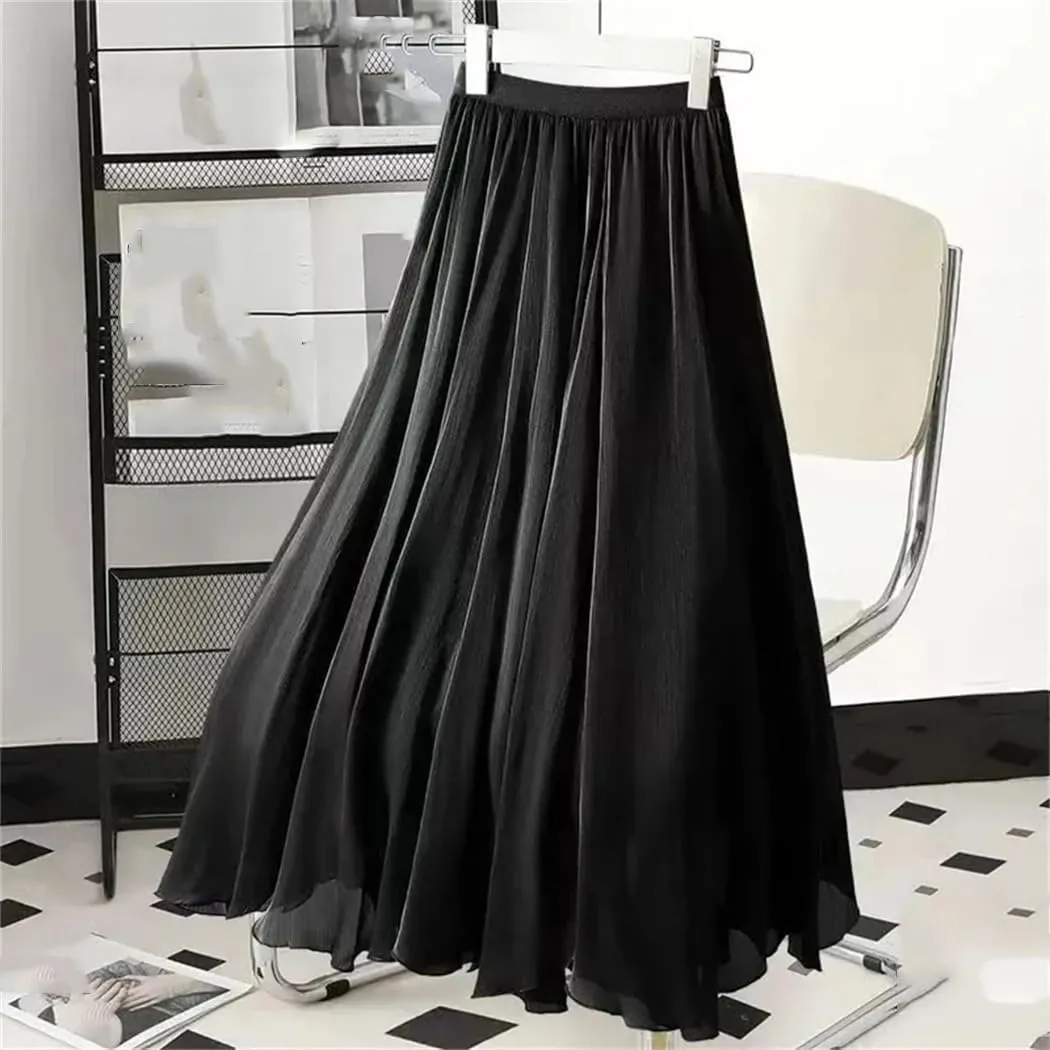 Women Summer Chiffon Midi Skirt Double Layer A-Line Skirt High Waist Ruffles Skirts