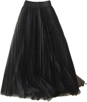 Women Summer Solid Color Pleated Mesh Skirt High Waisted Shirring Slim Casual Korean Lady Midi Skirts