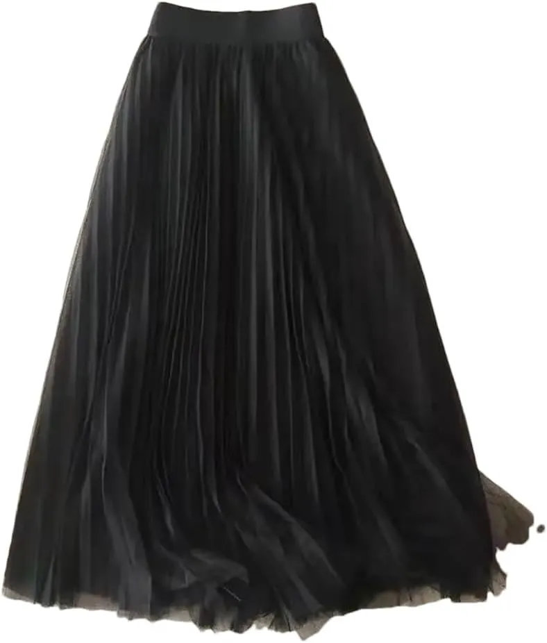 Women Summer Solid Color Pleated Mesh Skirt High Waisted Shirring Slim Casual Korean Lady Midi Skirts